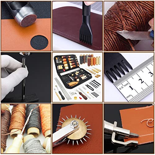 PLANTIONAL Leather Working Tools for Beginners: Professional Leather Craft Kit with Waxed Thread Groover Awl Stitching Punch for Leathercraft Adults Gifts
