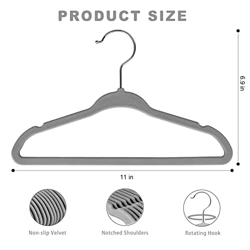 BAGAIL Kids Velvet Hangers 11” Inch Children's Clothes Hangers Non-Slip Baby Hangers for Infant/Toddler (Grey,50pack)