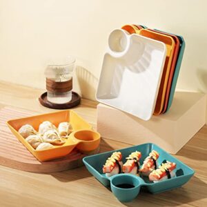 Luxshiny 4pcs Plastic Dumpling Plates with Sauce Compartment Square Serving Plates with Sauce Holder Serving Platter Tray for Party