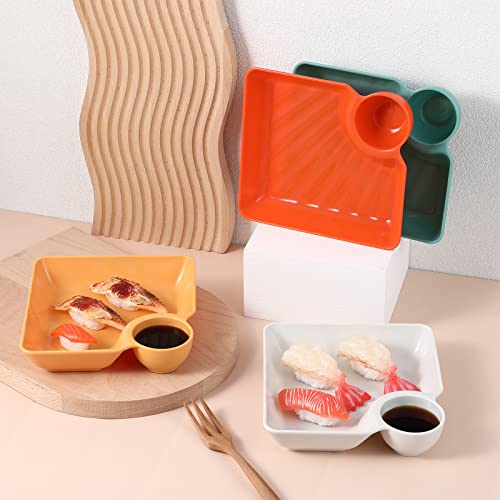 Luxshiny 4pcs Plastic Dumpling Plates with Sauce Compartment Square Serving Plates with Sauce Holder Serving Platter Tray for Party