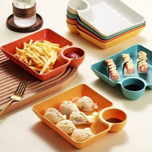 Luxshiny 4pcs Plastic Dumpling Plates with Sauce Compartment Square Serving Plates with Sauce Holder Serving Platter Tray for Party