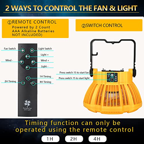 Hiesuan Compatible with Dewalt Fan 20v Portable Camping Tent Fan with Lantern, Remote, 4H Timer, Hook Cordless Ceiling Fan Personal Fan for Dewalt 14.4-20V Li-Ion Battery