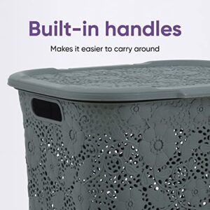 Laundry Hamper Basket With Lid, 2 Pack Plastic Hamper Grey Tall Cloths Hamper Basket Organizer with Cut-out Handles- Space Saving for Laundry Room, Bedroom, Bathroom-Lace Design, 50 Liter