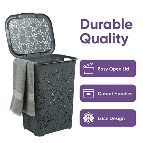 Laundry Hamper Basket With Lid, 2 Pack Plastic Hamper Grey Tall Cloths Hamper Basket Organizer with Cut-out Handles- Space Saving for Laundry Room, Bedroom, Bathroom-Lace Design, 50 Liter