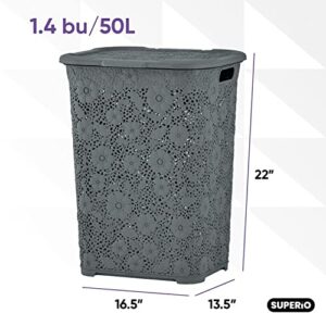 Laundry Hamper Basket With Lid, 2 Pack Plastic Hamper Grey Tall Cloths Hamper Basket Organizer with Cut-out Handles- Space Saving for Laundry Room, Bedroom, Bathroom-Lace Design, 50 Liter