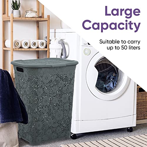 Laundry Hamper Basket With Lid, 2 Pack Plastic Hamper Grey Tall Cloths Hamper Basket Organizer with Cut-out Handles- Space Saving for Laundry Room, Bedroom, Bathroom-Lace Design, 50 Liter