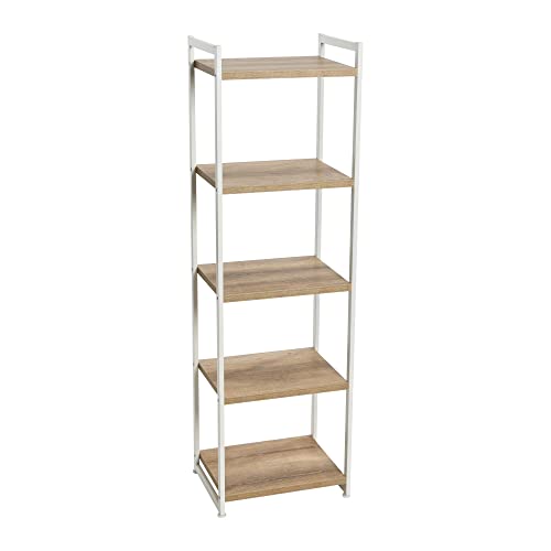 Household Essentials Jamestown Narrow 5 Shelf Open Storage Bookshelf Coastal Oak Rustic Wood Grain and White Metal