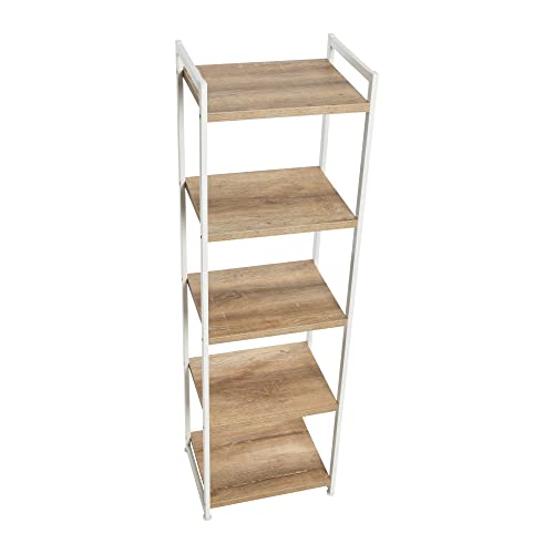 Household Essentials Jamestown Narrow 5 Shelf Open Storage Bookshelf Coastal Oak Rustic Wood Grain and White Metal