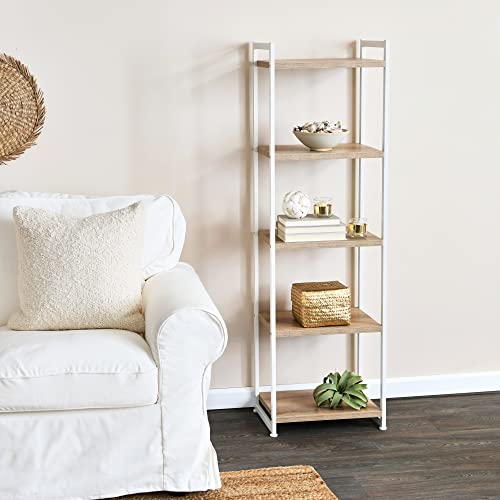 Household Essentials Jamestown Narrow 5 Shelf Open Storage Bookshelf Coastal Oak Rustic Wood Grain and White Metal