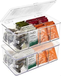 sorbus 2 pack tea bag organizer bins w/lids & 4 removable dividers, clear plastic food packet snack organizer, stackable pantry organization, kitchen storage, fridge bins, sturdy cabinet organizers