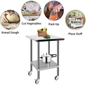 MYOYAY Commercial Stainless Steel Table with Caster Wheels 24"x24" Kitchen Worktables with Backsplashs Prep Food Workbench Under Shelf 110~220lbs Capacity for Restaurant