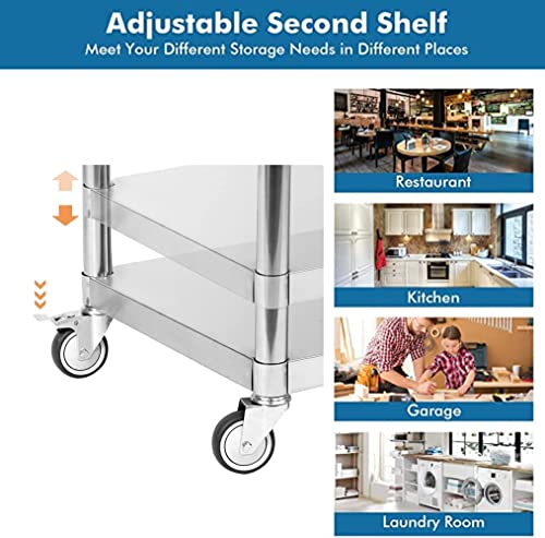 MYOYAY Commercial Stainless Steel Table with Caster Wheels 24"x24" Kitchen Worktables with Backsplashs Prep Food Workbench Under Shelf 110~220lbs Capacity for Restaurant