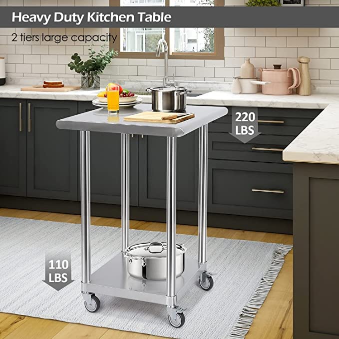 MYOYAY Commercial Stainless Steel Table with Caster Wheels 24"x24" Kitchen Worktables with Backsplashs Prep Food Workbench Under Shelf 110~220lbs Capacity for Restaurant