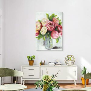 Yuegit Flower Pictures for Living Room Wall Decoration, Pink Floral Canvas Paintings Wall Art Green Plant Botanical Wall Art Framed for Bedroom Wall Decor Ready to Hang 24X36 Inch