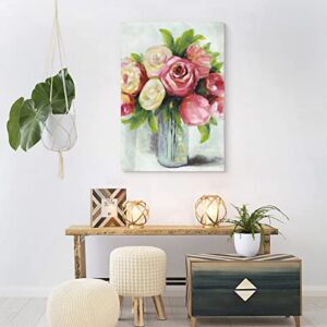 Yuegit Flower Pictures for Living Room Wall Decoration, Pink Floral Canvas Paintings Wall Art Green Plant Botanical Wall Art Framed for Bedroom Wall Decor Ready to Hang 24X36 Inch