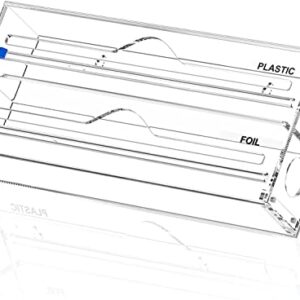 2 in 1 Plastic Wrap Dispenser with Cutter, Acrylic Aluminum Foil and Wax Paper Dispenser with Slide Cutter for Kitchen Drawer, Plastic Wrap Parchment Roll Organizer Holder, Fits 12" Roll, Clear