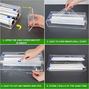 2 in 1 Plastic Wrap Dispenser with Cutter, Acrylic Aluminum Foil and Wax Paper Dispenser with Slide Cutter for Kitchen Drawer, Plastic Wrap Parchment Roll Organizer Holder, Fits 12" Roll, Clear