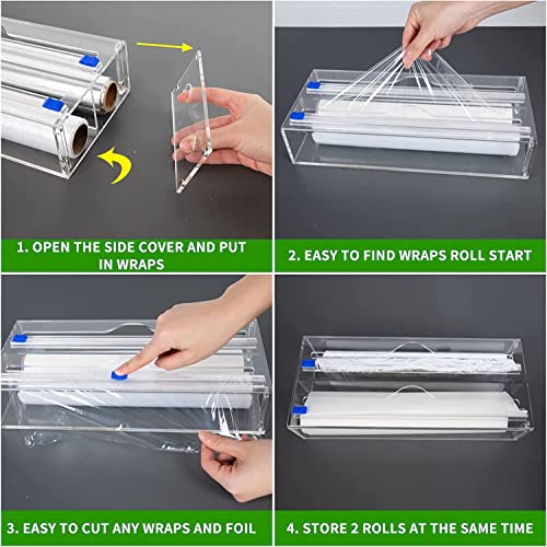 2 in 1 Plastic Wrap Dispenser with Cutter, Acrylic Aluminum Foil and Wax Paper Dispenser with Slide Cutter for Kitchen Drawer, Plastic Wrap Parchment Roll Organizer Holder, Fits 12" Roll, Clear