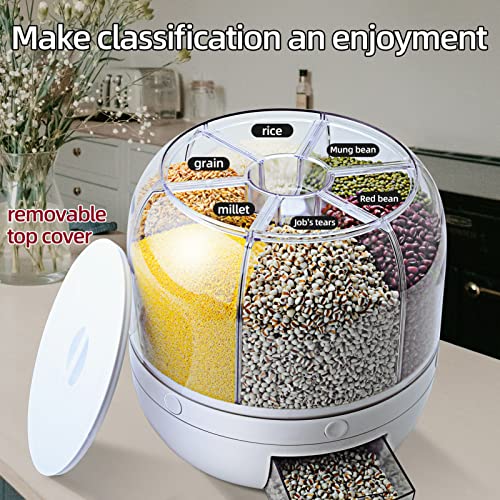 WOWFUNNY Grain Dispenser, 8.2 Qt Rotating Rice Dispenser Storage Container, 6-Compartment Dry Food with Measuring Cup, Containers for Kitchen Small Grains, Beans, (8.2Qt)