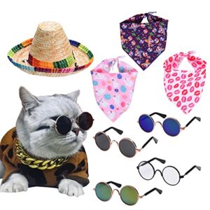 9 pieces funny dog cat costume,puppy hat,straw hat for cat,color changing glasses for cat,dog scarf,artificial gold necklace for small dog and cat
