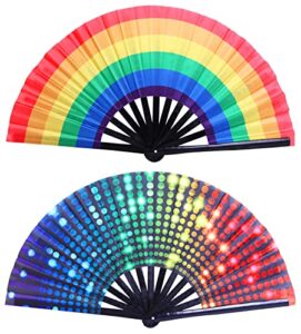 gionforsy 2pcs rave hand fan bamboo holding hand fan large folding fan with bright color fabric folding fan for festival (style-2)
