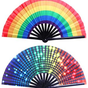 Gionforsy 2pcs Rave Hand fan Bamboo Holding Hand Fan Large Folding Fan with Bright Color Fabric Folding Fan for Festival (Style-2)