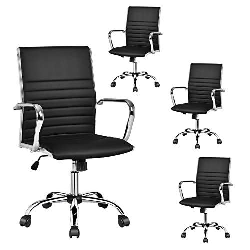 COSTWAY Ribbed Office Chair Set of 4, Swivel Executive PU Leather High Back Chair with Height Adjustable, Armrest, Rocking Backrest, Lumbar Support, Ergonomic Task Managerial Chair for Home (Black)