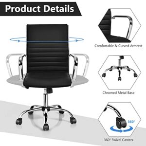 COSTWAY Ribbed Office Chair Set of 4, Swivel Executive PU Leather High Back Chair with Height Adjustable, Armrest, Rocking Backrest, Lumbar Support, Ergonomic Task Managerial Chair for Home (Black)