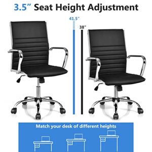 COSTWAY Ribbed Office Chair Set of 4, Swivel Executive PU Leather High Back Chair with Height Adjustable, Armrest, Rocking Backrest, Lumbar Support, Ergonomic Task Managerial Chair for Home (Black)