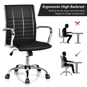 COSTWAY Ribbed Office Chair Set of 4, Swivel Executive PU Leather High Back Chair with Height Adjustable, Armrest, Rocking Backrest, Lumbar Support, Ergonomic Task Managerial Chair for Home (Black)