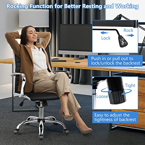 COSTWAY Ribbed Office Chair Set of 4, Swivel Executive PU Leather High Back Chair with Height Adjustable, Armrest, Rocking Backrest, Lumbar Support, Ergonomic Task Managerial Chair for Home (Black)