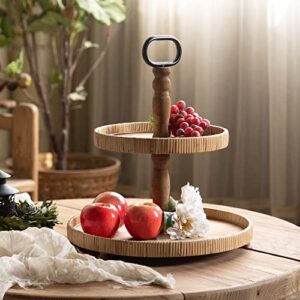 YMLHOME 2 Tier Tray Rustic Farmhose Decor Tray with Metal Handle Round Wood Tiered Serving Tray Stand for Decor and Serving Fruit Cake Desserts Snack Candy Nuts Light Brown