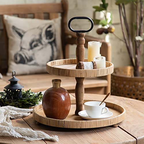 YMLHOME 2 Tier Tray Rustic Farmhose Decor Tray with Metal Handle Round Wood Tiered Serving Tray Stand for Decor and Serving Fruit Cake Desserts Snack Candy Nuts Light Brown