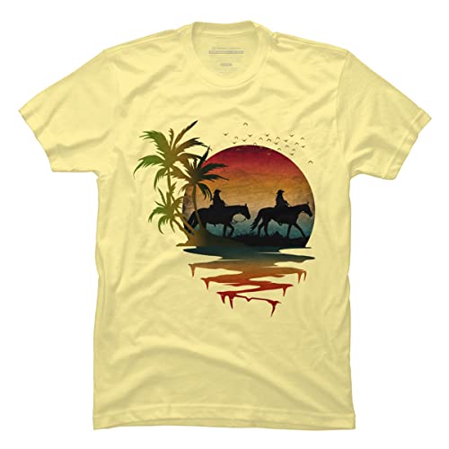 Design By Humans Men's Cowboy Horse Riding Sunset Nature Landscape Scenery by Punsalan T-Shirt - Banana Cream - Large