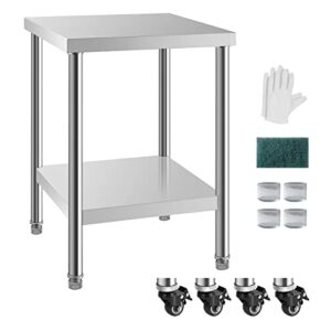 hxcfyp stainless steel table for prep & work with caster 24x24 inches, nsf metal commercial kitchen table with under shelf and adjustabletable foot for restaurant, home and hotel