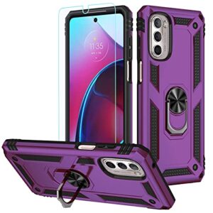 pushimei for moto g stylus 5g 2022 case with screen protector [military grade 16ft. drop tested] magnetic ring holder kickstand protective phone case for motorola moto g stylus 5g 2022, purple