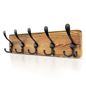 sayoneyes wood coat rack wall mount with 5 tri coat hooks for hanging – 17 inch heavy duty premium solid pine wood – wall hooks rack for bathroom, bedroom, entryway (brown)