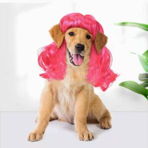 funny dog cat cosplay wig, pet wigs for halloween, christmas, parties, festivals, dog wigs for small medium and large dogs（rose red long curly hair）