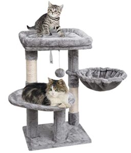 syandlvy small cat tree for indoor cats, modern cat tower with scratching post for kittens, climbing stand with basket & hanging ball for play rest