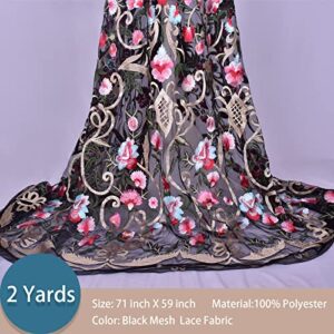 2Yards Latest Lace Fabric Elegant Classic Colored Flowers,Embroidery Heavier Tulle Lace Fabric for DIY Wedding Party Custom Clothes Party Dress (Black mesh)