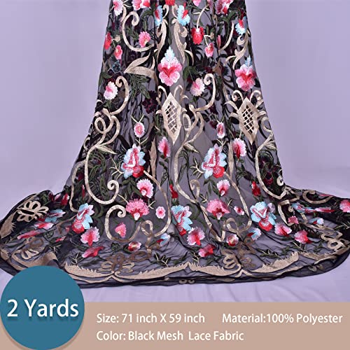 2Yards Latest Lace Fabric Elegant Classic Colored Flowers,Embroidery Heavier Tulle Lace Fabric for DIY Wedding Party Custom Clothes Party Dress (Black mesh)