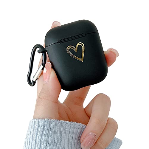 HJWKJUS Compatible with AirPods 1&2 Case for Women Girls,Creative Cute Plated Love Heart Pattern Case with Keychain Anti-dust Shockproof Protective Soft TPU Cover for AirPods 1&2-Black