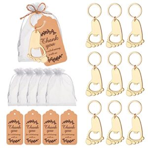 50pc footprint keychain bottle opener baby shower favors for guest baby shower souvenirs, gifts, supplies and decorations, baby shower souvenirs with organza bag thank you tag 20m string (gold)