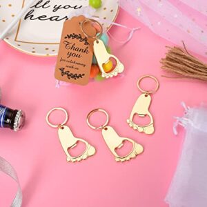 50PC Footprint Keychain Bottle Opener Baby Shower Favors for Guest Baby Shower Souvenirs, Gifts, Supplies and Decorations, Baby Shower Souvenirs with Organza Bag Thank You Tag 20m String (Gold)