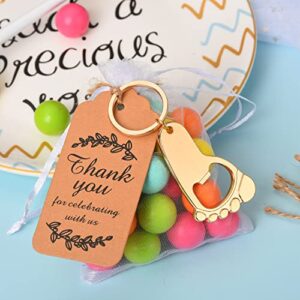 50PC Footprint Keychain Bottle Opener Baby Shower Favors for Guest Baby Shower Souvenirs, Gifts, Supplies and Decorations, Baby Shower Souvenirs with Organza Bag Thank You Tag 20m String (Gold)