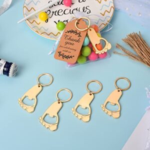 50PC Footprint Keychain Bottle Opener Baby Shower Favors for Guest Baby Shower Souvenirs, Gifts, Supplies and Decorations, Baby Shower Souvenirs with Organza Bag Thank You Tag 20m String (Gold)