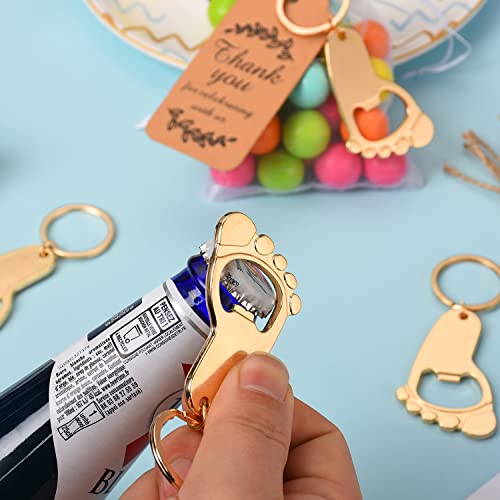 50PC Footprint Keychain Bottle Opener Baby Shower Favors for Guest Baby Shower Souvenirs, Gifts, Supplies and Decorations, Baby Shower Souvenirs with Organza Bag Thank You Tag 20m String (Gold)