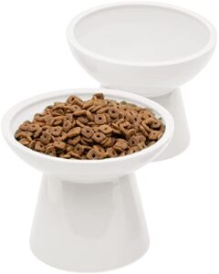 ceefu 2 extra wide raised cat food bowl, elevated anti-vomiting cat feeder whisker stress-free dog two bowls ceramic cat feeding bowls white