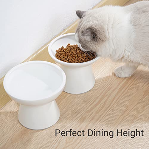 CEEFU 2 Extra Wide Raised Cat Food Bowl, Elevated Anti-Vomiting Cat Feeder Whisker Stress-Free Dog Two Bowls Ceramic Cat Feeding Bowls White