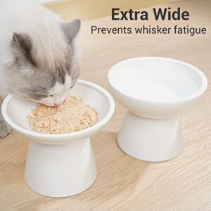 CEEFU 2 Extra Wide Raised Cat Food Bowl, Elevated Anti-Vomiting Cat Feeder Whisker Stress-Free Dog Two Bowls Ceramic Cat Feeding Bowls White